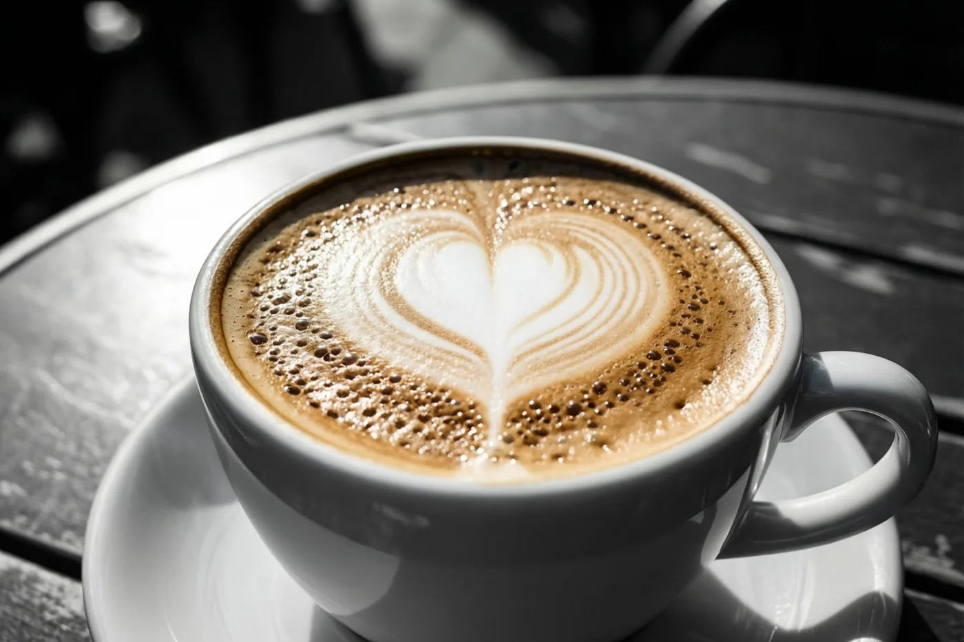 Een witte kop cappuccino met een hartje in het melkschuim staat op een schoteltje op een houten cafétafel in helder zonlicht.