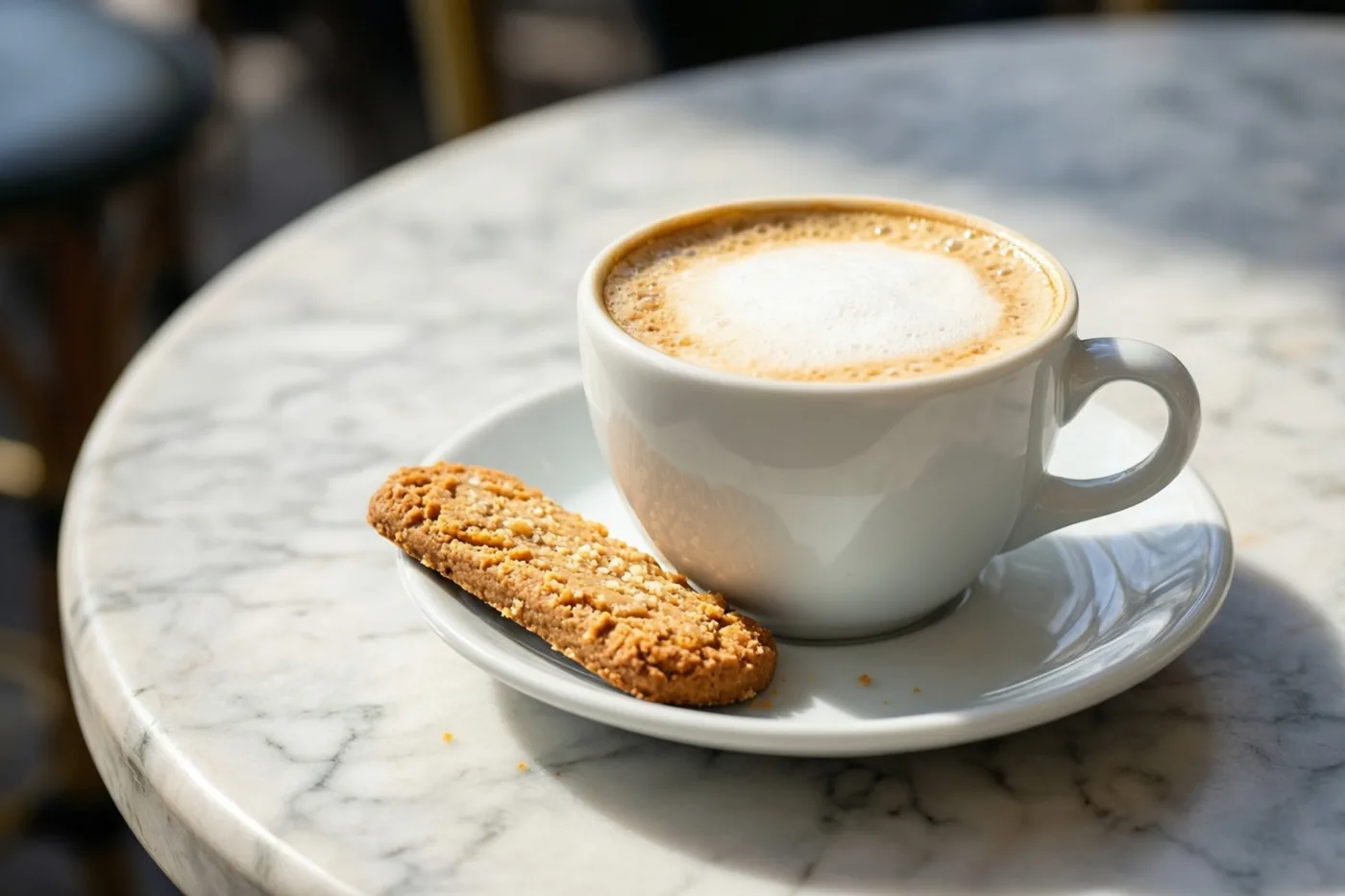 Een witte keramieken kop cappuccino met schuim staat met een speculoosje op het schoteltje op een witte marmeren cafétafel in helder ochtendlicht.