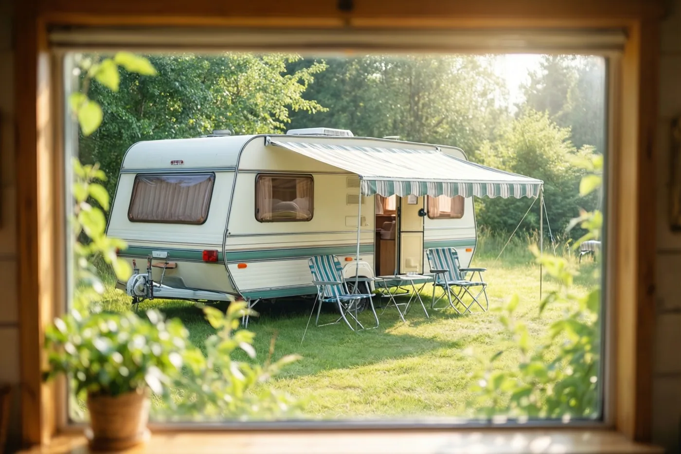 Door een raam met een houten kader en groen op de voorgrond is een retrocaravan met een gestreepte luifel en klapstoelen op een zonnige grascamping te zien.