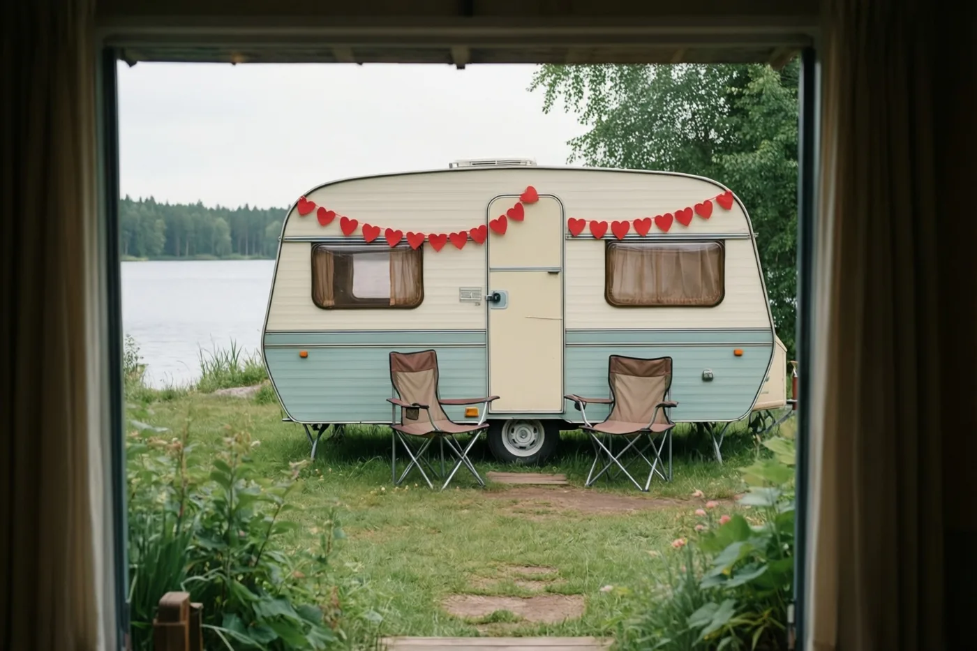 Door een open deuropening is een ronde caravan uit de jaren zeventig met rode hartjesslingers te zien, met twee klapstoelen op het gras bij een meer en een beboste oever.
