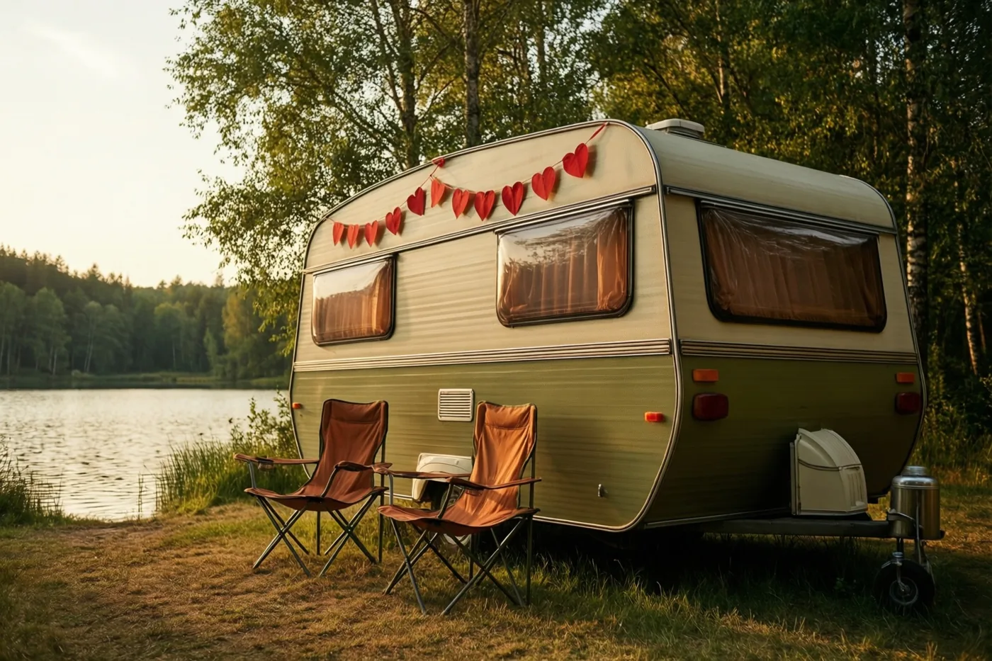 Een ronde caravan uit de jaren zeventig staat met een rode hartjesslinger en twee klapstoelen bij een meer in warm goudkleurig licht.