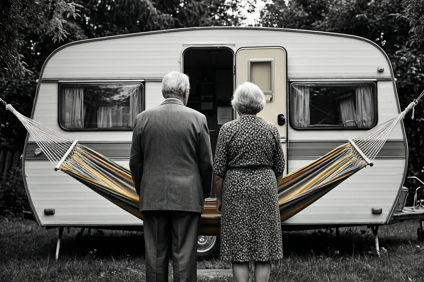 Een ouder koppel staat met de rug naar de camera voor een caravan uit de jaren zestig met een hangmat tussen de zijkanten, op een zwart-witbeeld waarin de gele en grijze strepen van de hangmat kleur behouden.