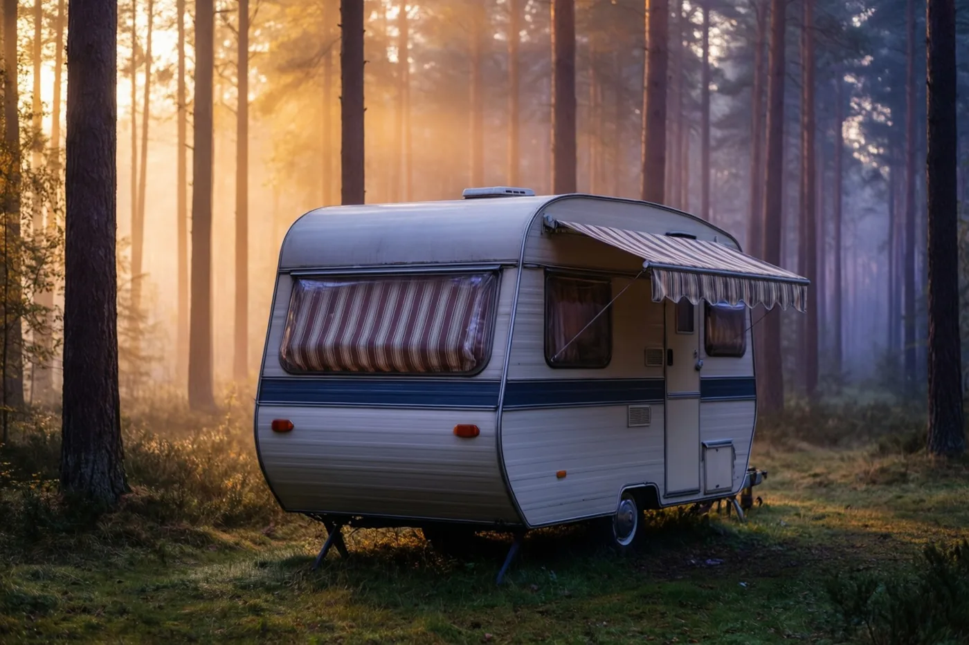 Een afgeronde caravan uit de jaren zestig met een gestreepte luifel staat op gras in een mistig bos, met goudkleurig licht tussen de hoge bomen.