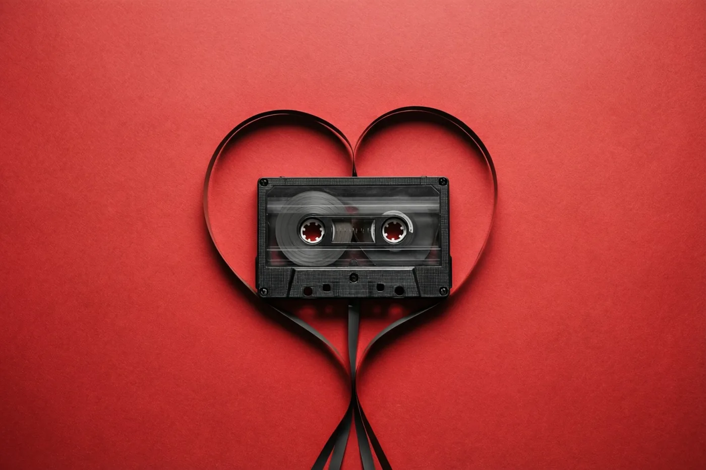 Een zwarte cassette ligt midden op een effen rode ondergrond, met de uitgetrokken magneetband in de vorm van een hart.