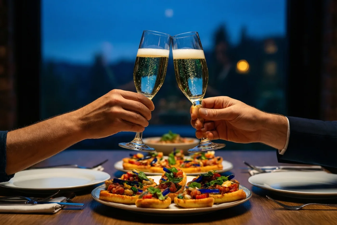 Twee handen klinken glazen bruisende cava tegen elkaar boven kleurrijke tapas, met een donkerblauwe avondlucht achter het raam.