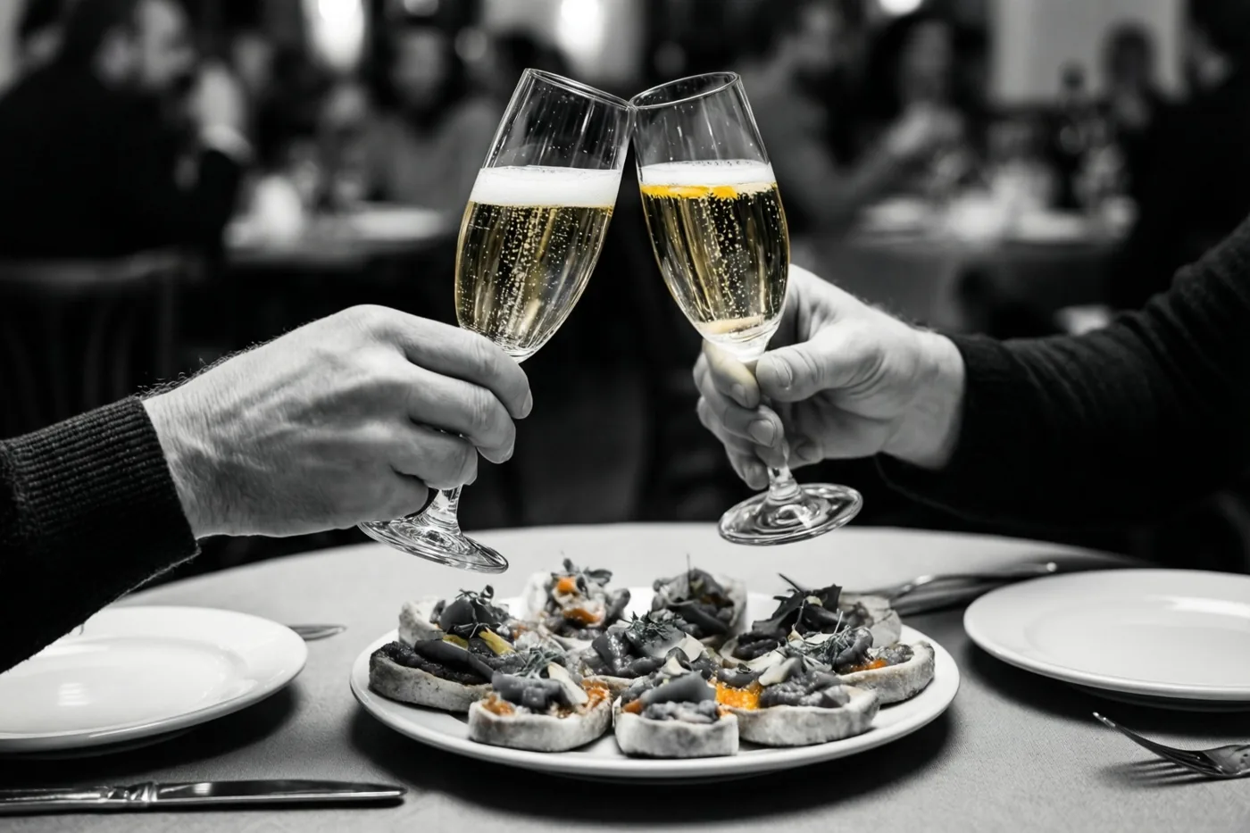Twee handen klinken glazen bruisende cava boven een bord tapas, waarbij de cava en het eten in kleur zijn en de rest van het beeld zwart-wit is.
