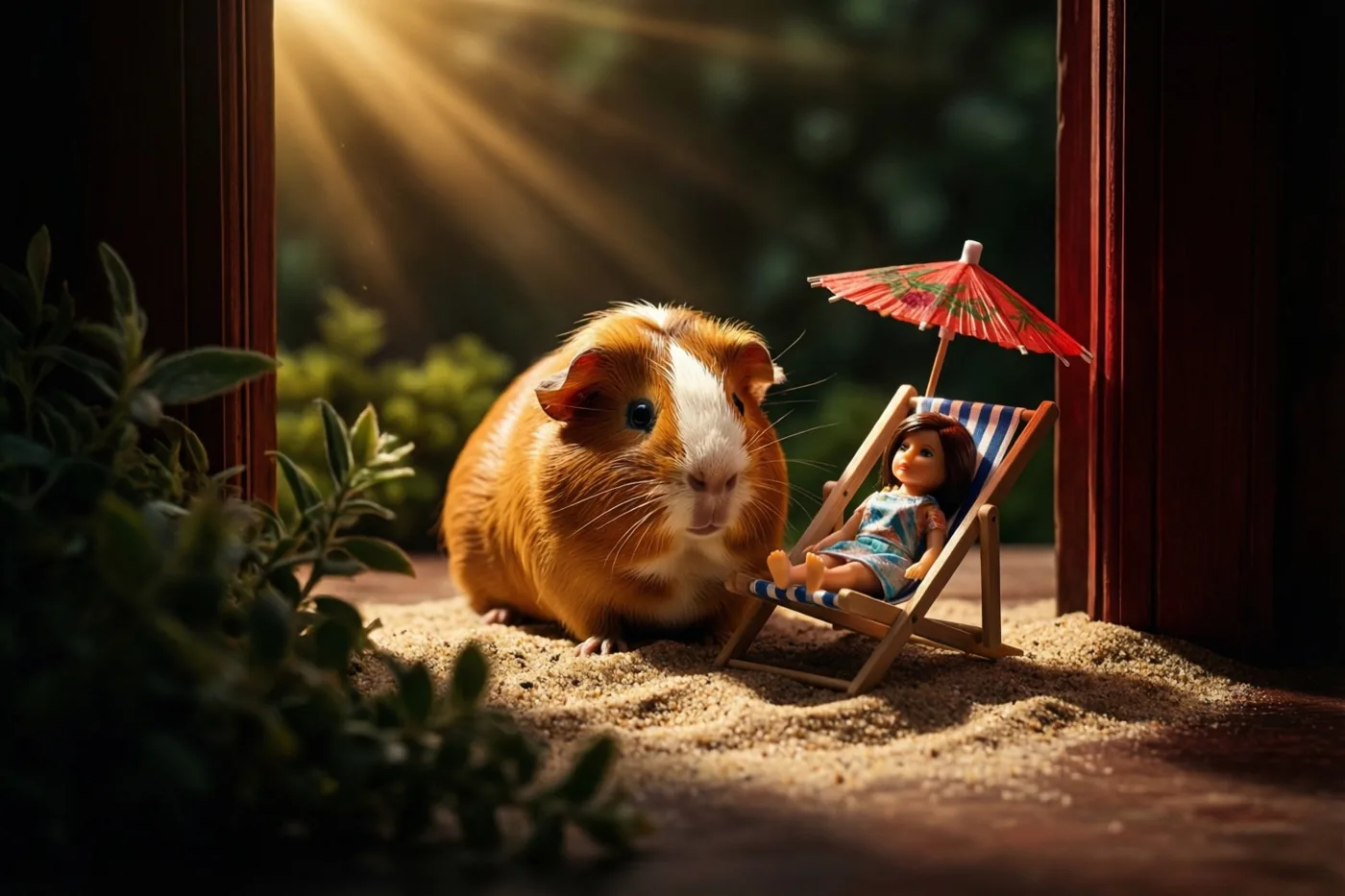 Een cavia zit op zand naast een miniatuurstrandstoel met een pop en een rode parasol, in warm zonlicht door een deuropening met houten kozijnen en groen eromheen.
