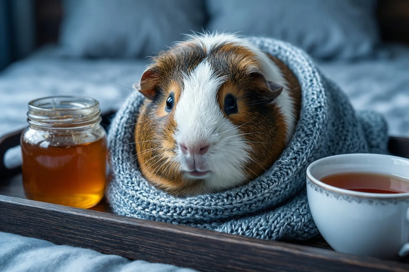 Een bruin-witte cavia ligt in een grijze gebreide deken op een houten dienblad naast een pot honing en een kop thee, op een bed met zachtblauw beddengoed.