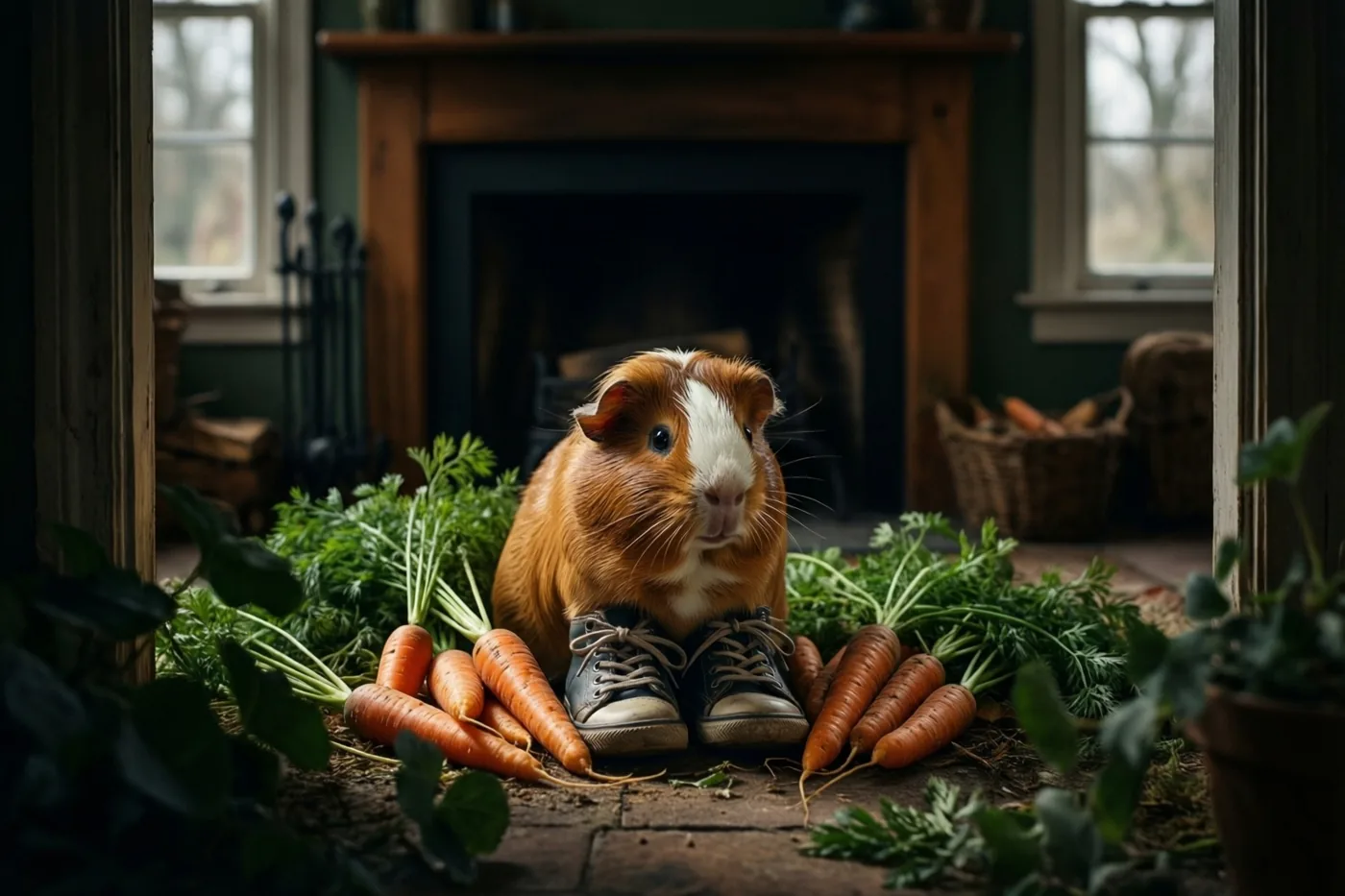 Een cavia zit in een kindersportschoen tussen verse wortels op een stenen vloer voor een haard, met groen en warm licht eromheen.