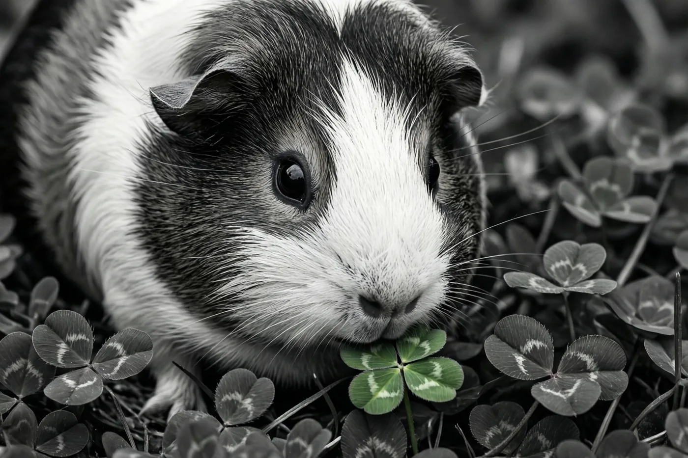 Op een zwart-witdetail knabbelt een cavia met een wit gezicht en donkere vlekken aan een klavertjevier tussen klavers met drie blaadjes.