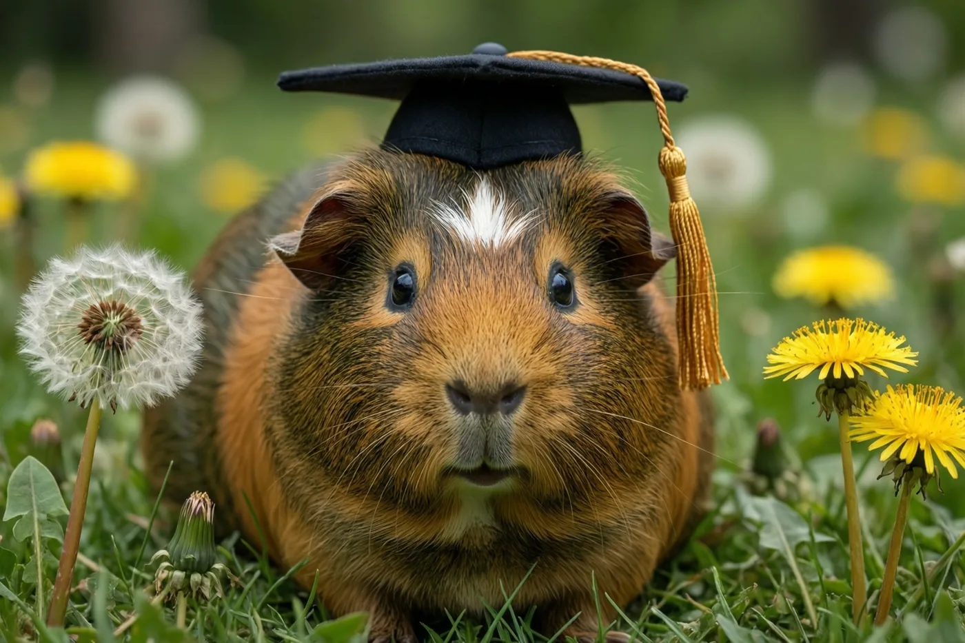 Een bruin-witte cavia met een kleine zwarte afstudeerhoed en een gouden kwastje zit in groen gras tussen gele paardenbloemen, met een witte pluizenbol op de voorgrond.