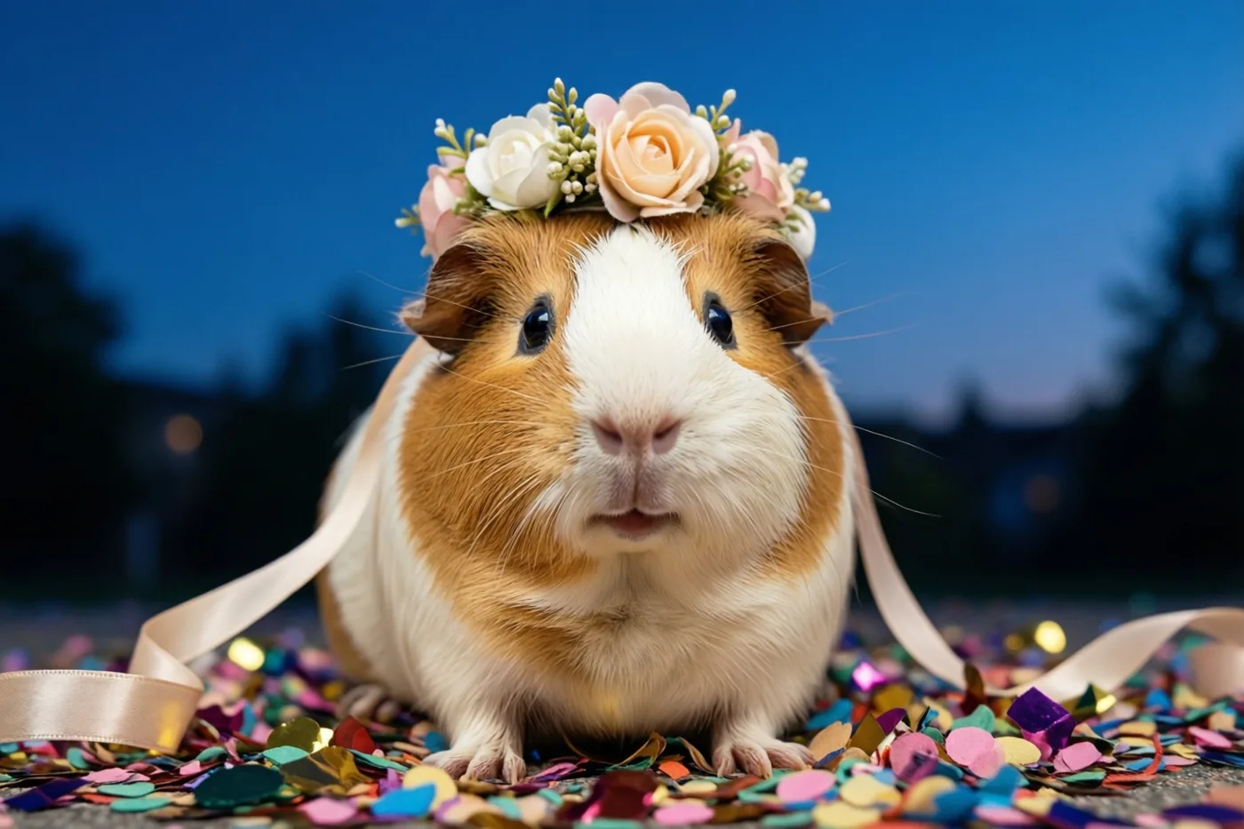 Een wit-bruine cavia met een bloemenkrans zit tussen kleurrijke confetti op een donkere ondergrond, met een onscherpe blauwe schemerlucht en lichtjes in de verte.