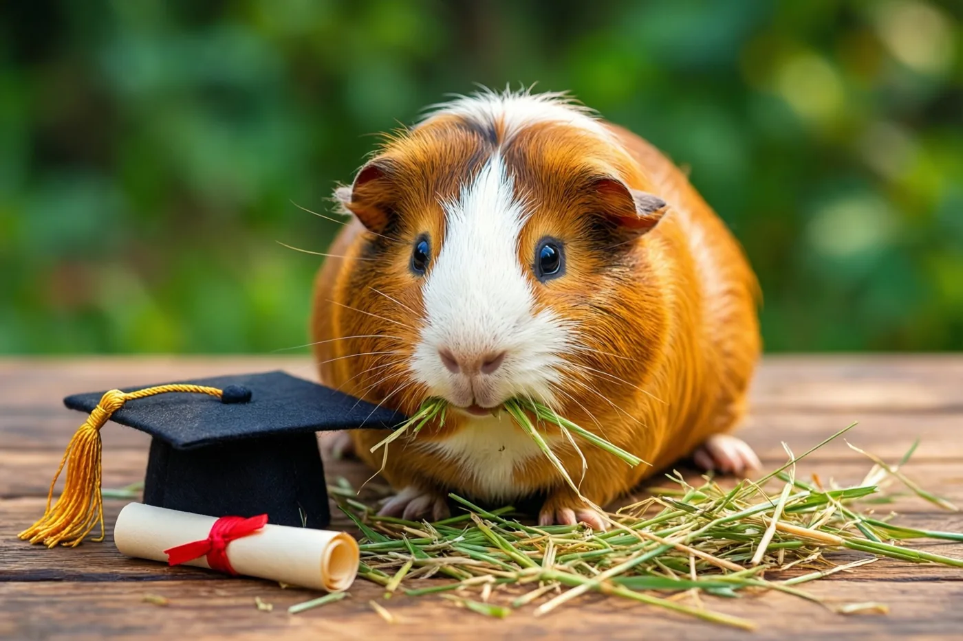 Een bruin-witte cavia knabbelt aan hooi op een houten tafel naast een miniatuurafstudeerhoed en een opgerold diploma met rood lint, met wazig groen op de achtergrond.