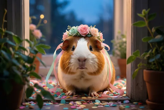 Een cavia viert bij het raam