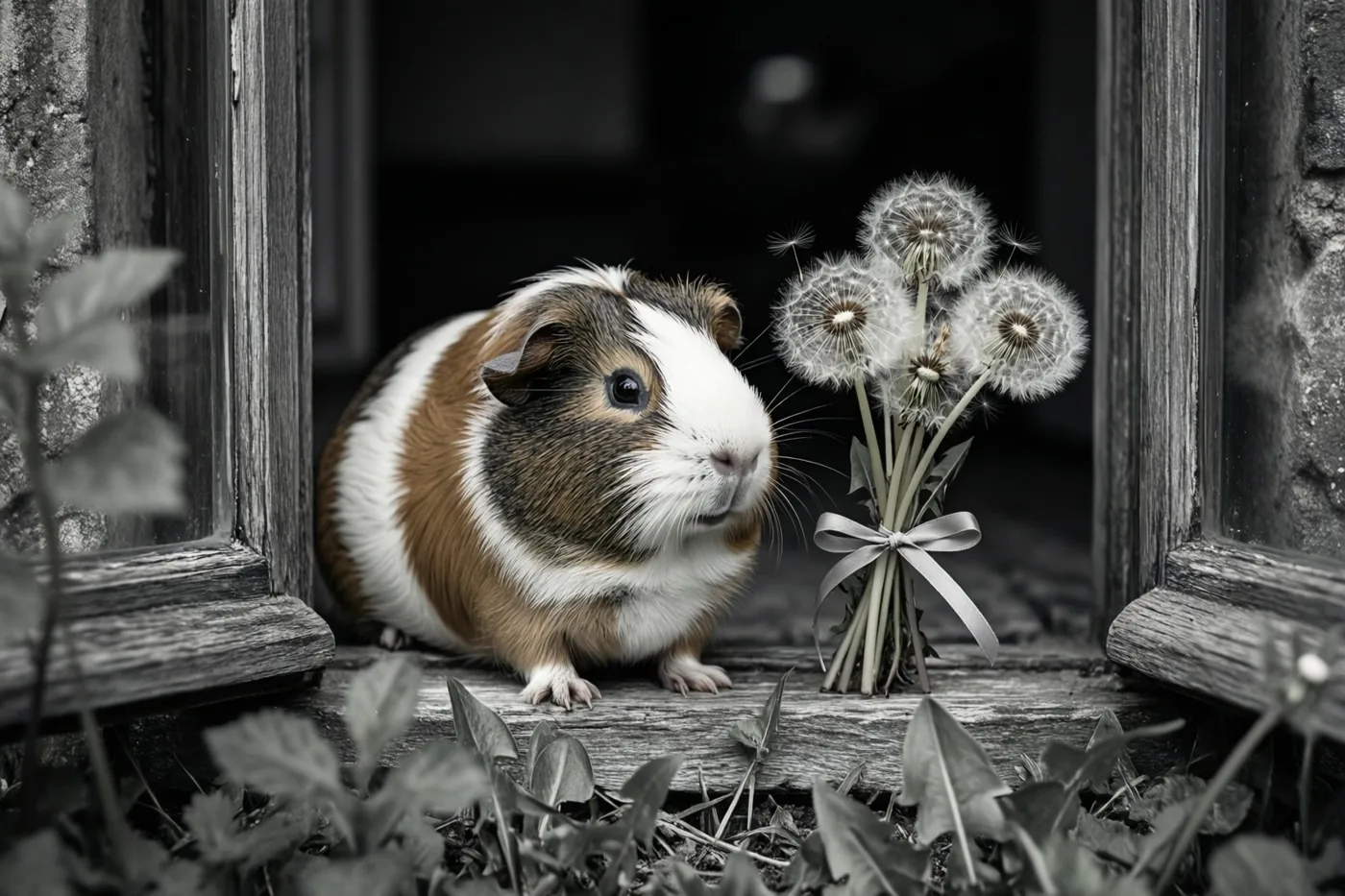 Een bruin-witte cavia zit op een houten vensterbank naast een boeketje paardenbloempluizenbollen met lint, waarbij de cavia en de bloemen in kleur zijn tegen een zwart-witte achtergrond.
