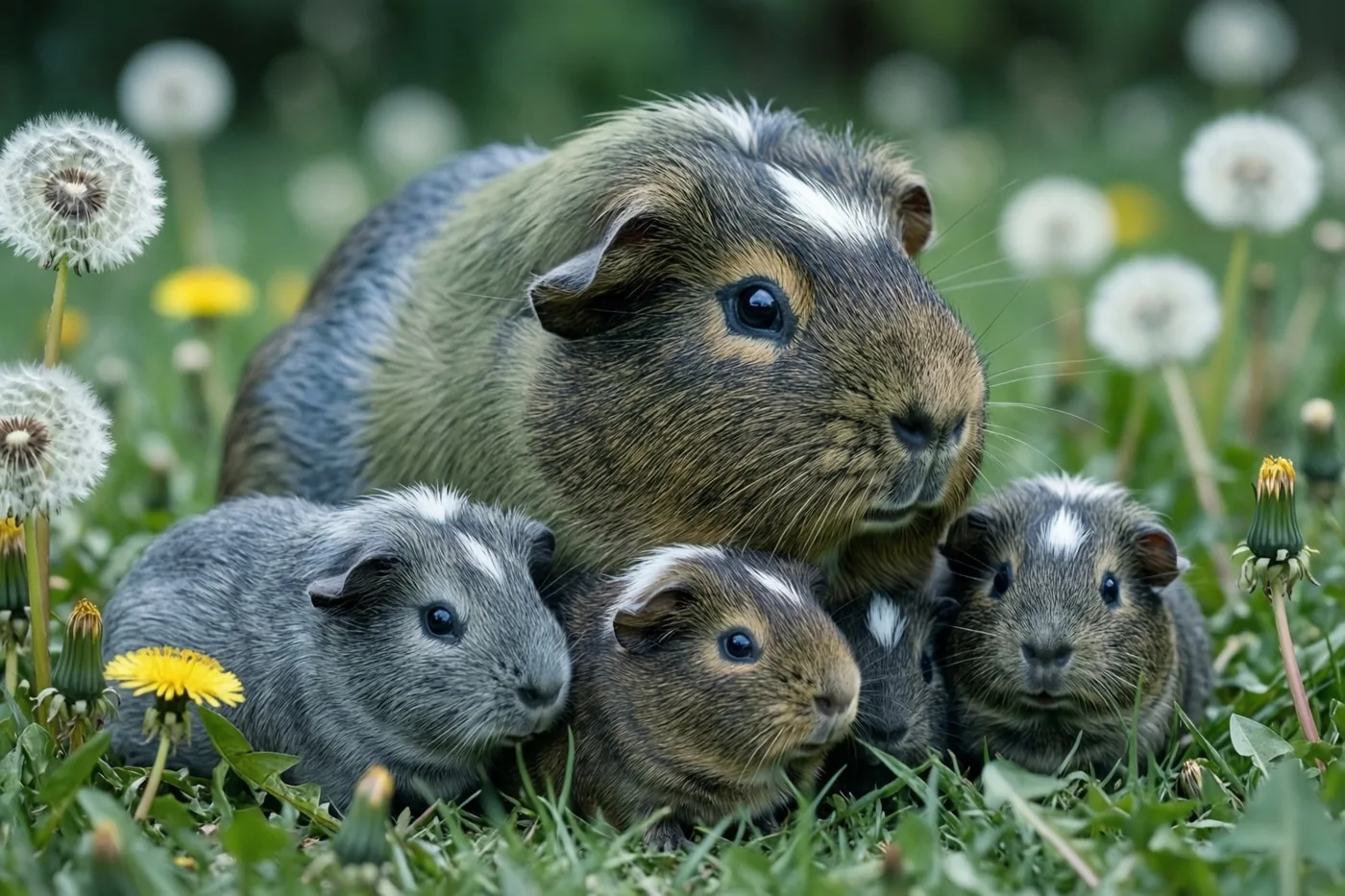 Een moedercavia zit met vier jongen dicht bij elkaar op een grasveld met gele paardenbloemen en witte pluizenbollen in het daglicht.
