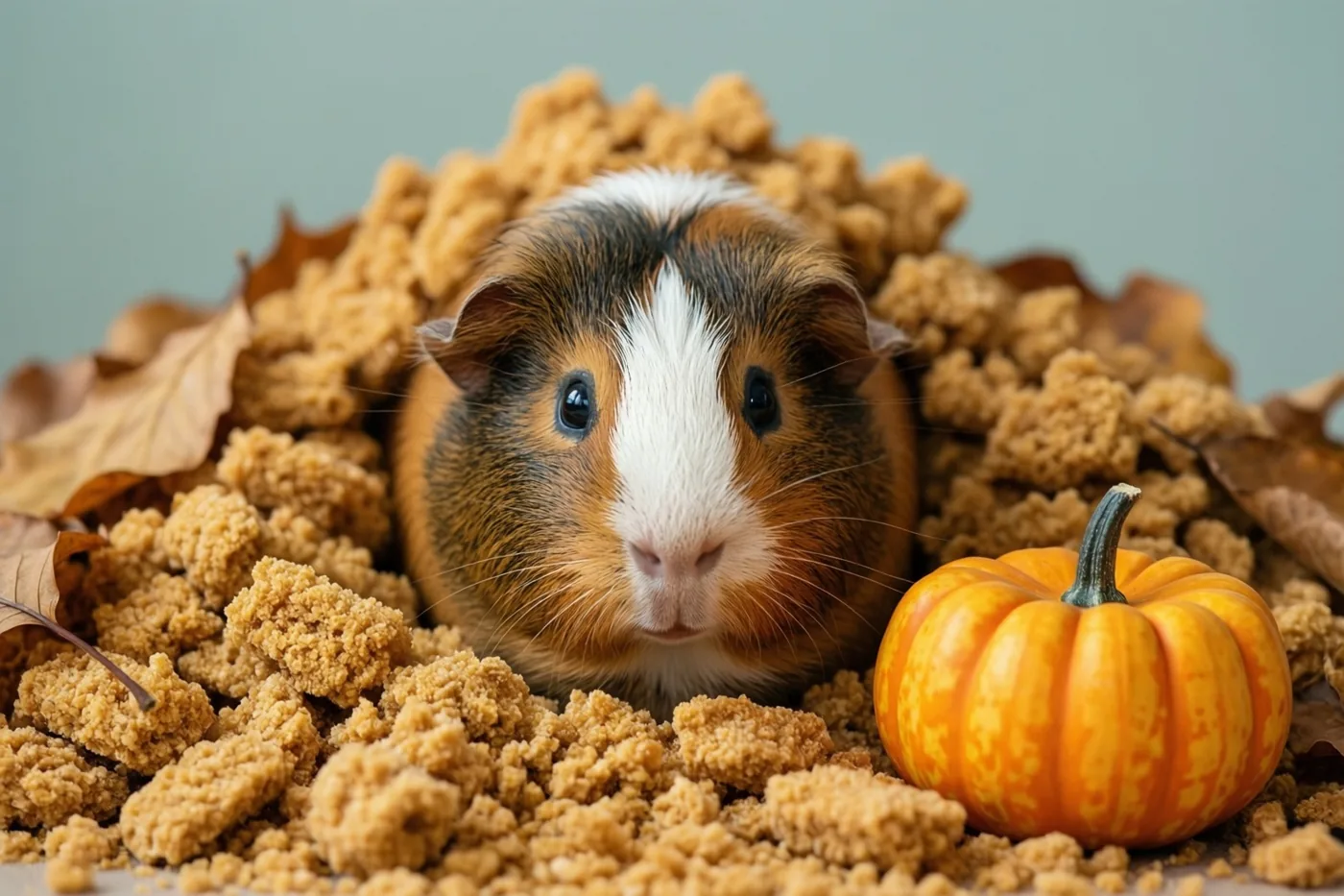Een cavia met een witte streep op de snuit kijkt uit een hoop goudkleurige herfstbladeren naast een kleine oranje pompoen met een groene steel tegen een gedempte blauwgroene achtergrond.
