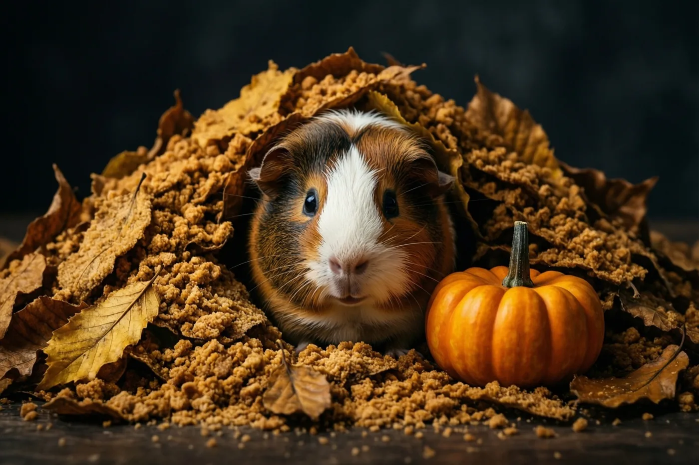 Een wit-bruine cavia kijkt uit een hoop goudkleurige herfstbladeren naast een kleine oranje pompoen op een donker houten oppervlak.