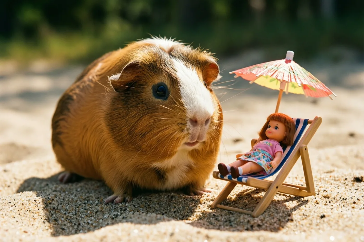 Een bruin-witte cavia zit op zand naast een miniatuurstrandstoel met een pop met een parasol, in fel zonlicht voor een onscherpe groene achtergrond.