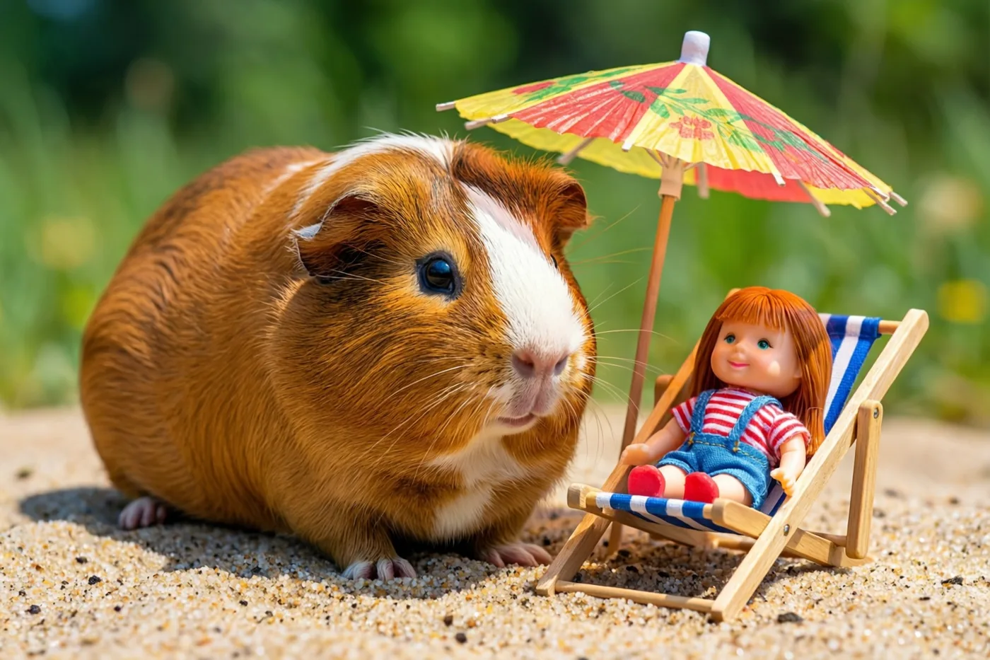 Een bruin-witte cavia zit op zand naast een miniatuurstrandstoel met een roodharige pop onder een kleine papieren parasol, in fel zonlicht voor een onscherpe groene achtergrond.