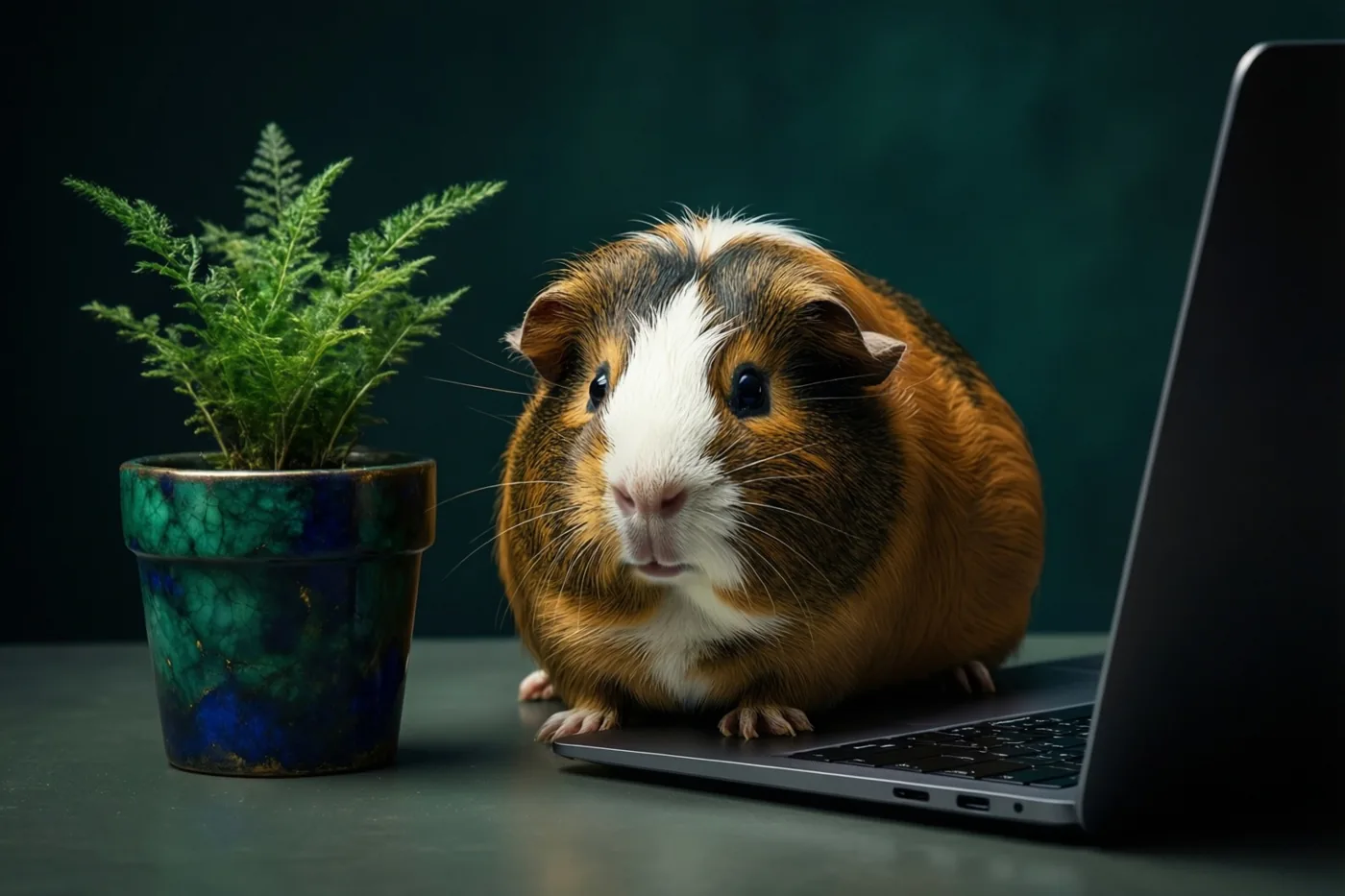 Een bruin-witte cavia zit op een bureau naast een kleine varen in een pot en een open laptop, tegen een donkergroene achtergrond met gedempt licht.