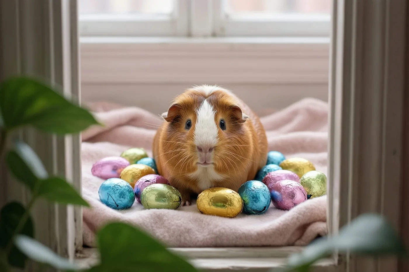 Een bruin-witte cavia zit op een roze deken op een vensterbank tussen chocoladepaaseitjes in kleurrijke folie, met groene bladeren op de voorgrond en natuurlijk licht.