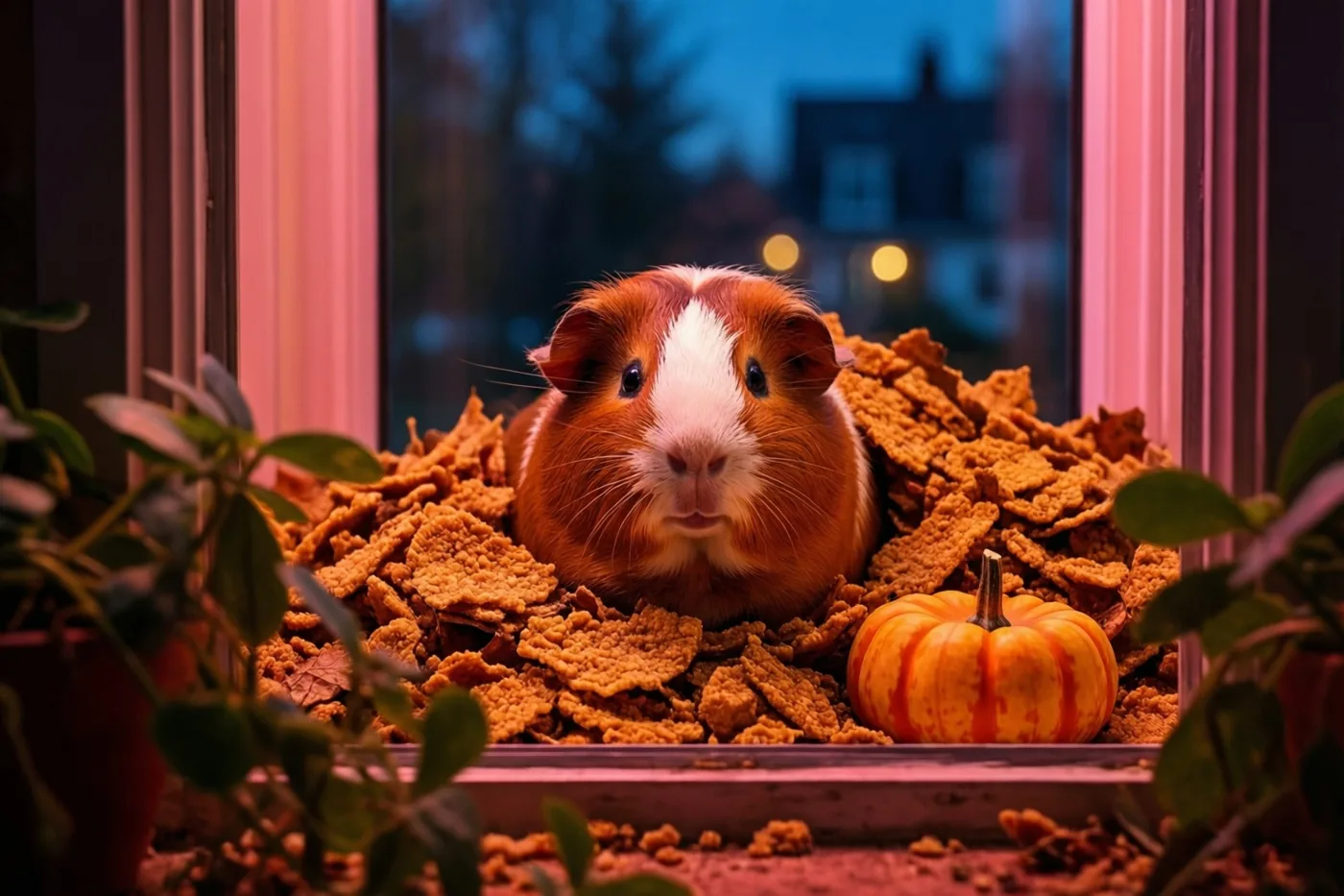 Een bruin-witte cavia kijkt uit een hoop goudkleurige bladeren op een vensterbank naast een kleine oranje pompoen met rode strepen, met een donkerblauw avondzicht achter het raam.