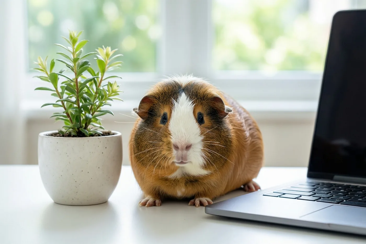 Een bruin-witte cavia zit op een wit bureau naast een klein plantje in een pot en een zilverkleurige laptop, met daglicht uit een raam erachter.