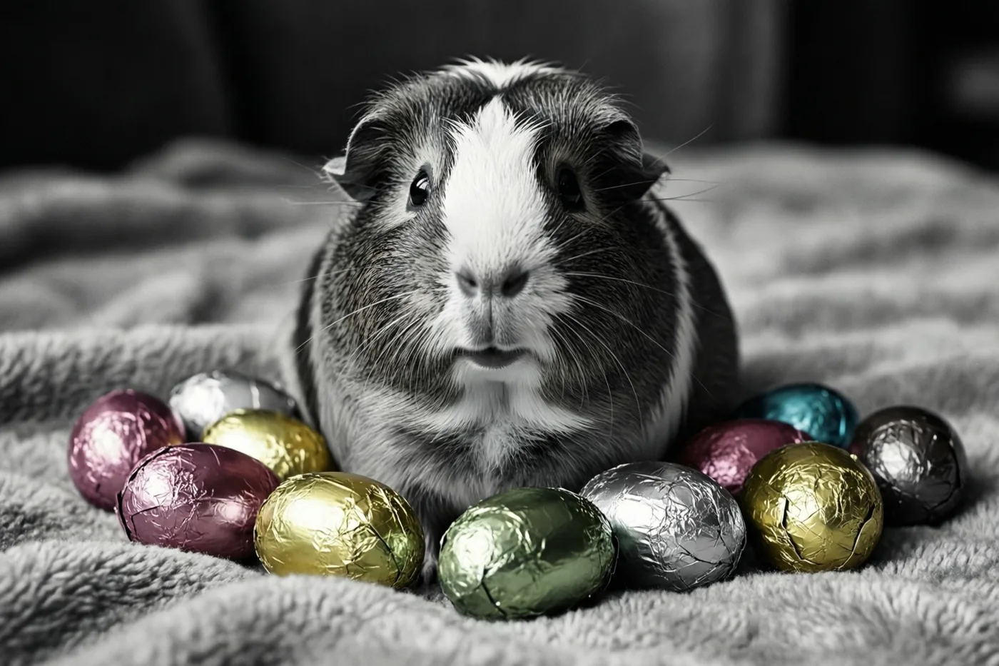 Een cavia met een wit snoetje en grijze vacht zit op een zachte deken tussen chocoladepaaseitjes in felgekleurde folie, die afsteken tegen de verder monochrome scène.