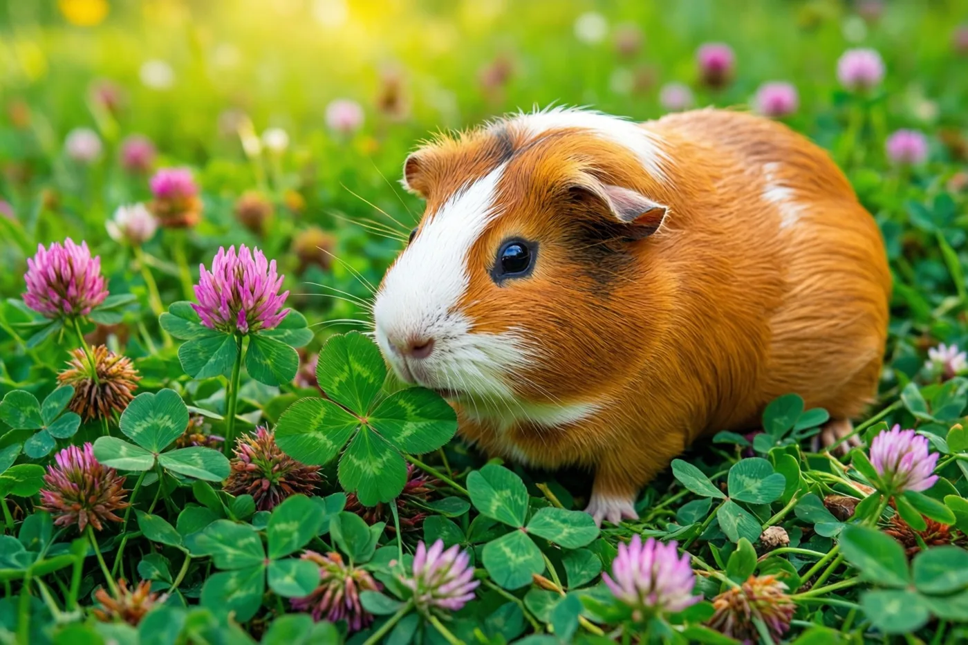 Een bruin-witte cavia zit tussen groene klaverplanten en roze klaverbloemen in een zonnige weide.