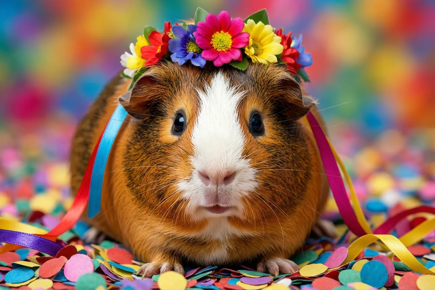 Een cavia met een wit snoetje en bruine vacht draagt een kleurrijke bloemenkrans en zit tussen confetti tegen een onscherpe achtergrond in regenboogkleuren.