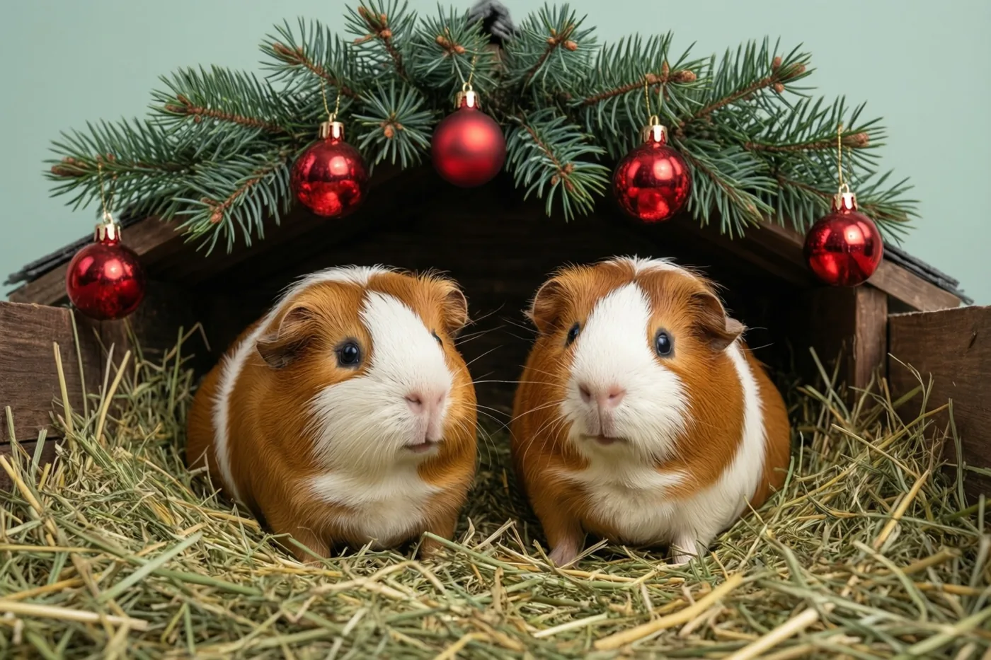 Twee bruin-witte cavia's zitten in een houten hok met hooi, versierd met een dennenslinger en rode kerstballen tegen een lichtgroene achtergrond.