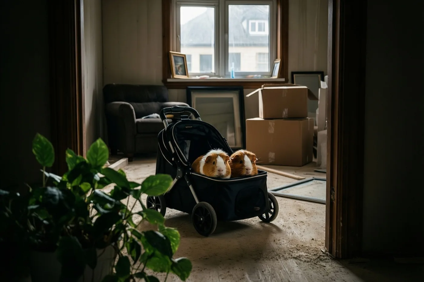 Twee cavia’s zitten in een zwarte reismand in een schaars gemeubelde kamer met kartonnen dozen en een raam op de achtergrond en een groene plant op de voorgrond.
