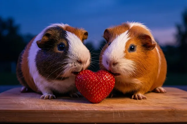 Twee cavia's zitten op een houten plank en knabbelen aan een hartvormige aardbei tegen een schemerblauwe achtergrond.