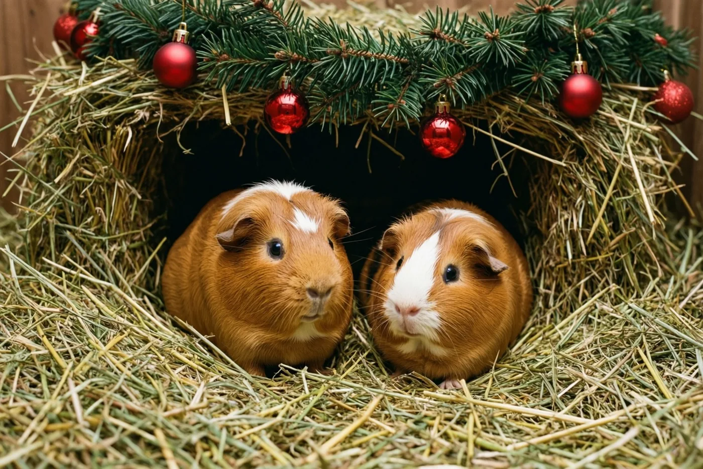 Twee bruin-witte cavia's zitten naast elkaar in een hok met hooi, met boven de ingang een groene dennenslinger en rode kerstballen.