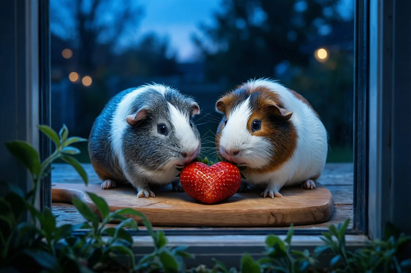 Twee cavia's delen een hartvormige aardbei op een houten plank op een vensterbank in de schemering, met koele blauwe tinten en warme lichtjes in de verte.