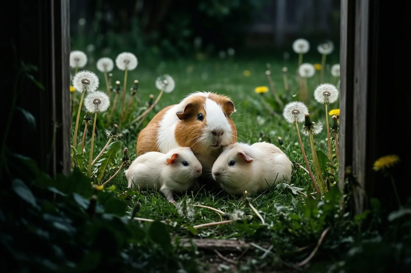Een moedercavia en twee kleine jongen zitten bij elkaar op een grasveld met paardenbloemen, omlijst door donkere verticale houten palen.