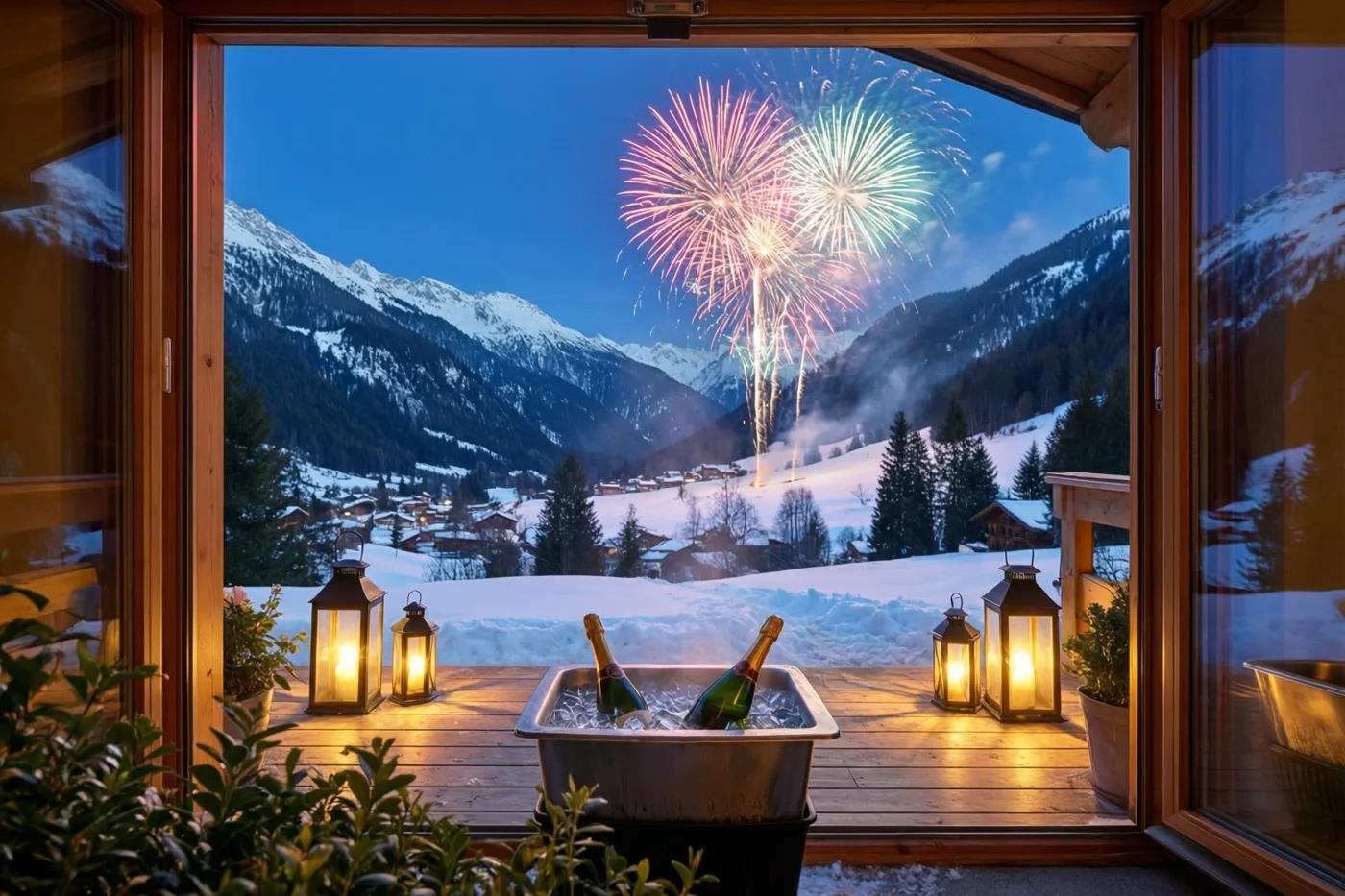 Op het houten terras van een bergchalet staan brandende lantaarns en champagneflessen in een ijsemmer, met vuurwerk boven een besneeuwde bergvallei bij nacht.