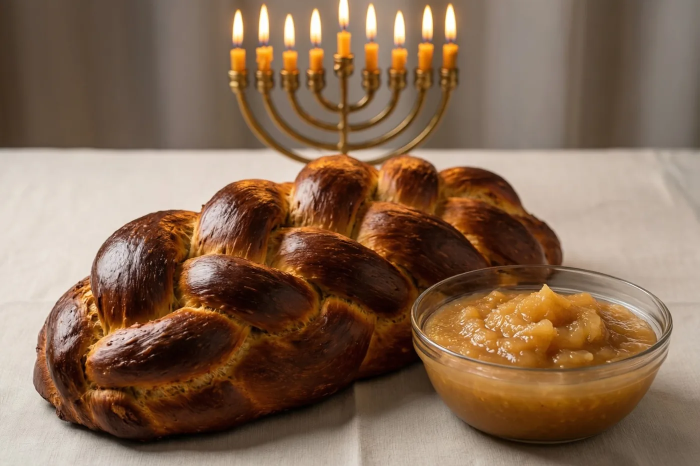 Een goudbruin gevlochten challahbrood en een glazen kom appelmoes staan op een licht tafelkleed, met een brandende kandelaar op de achtergrond.