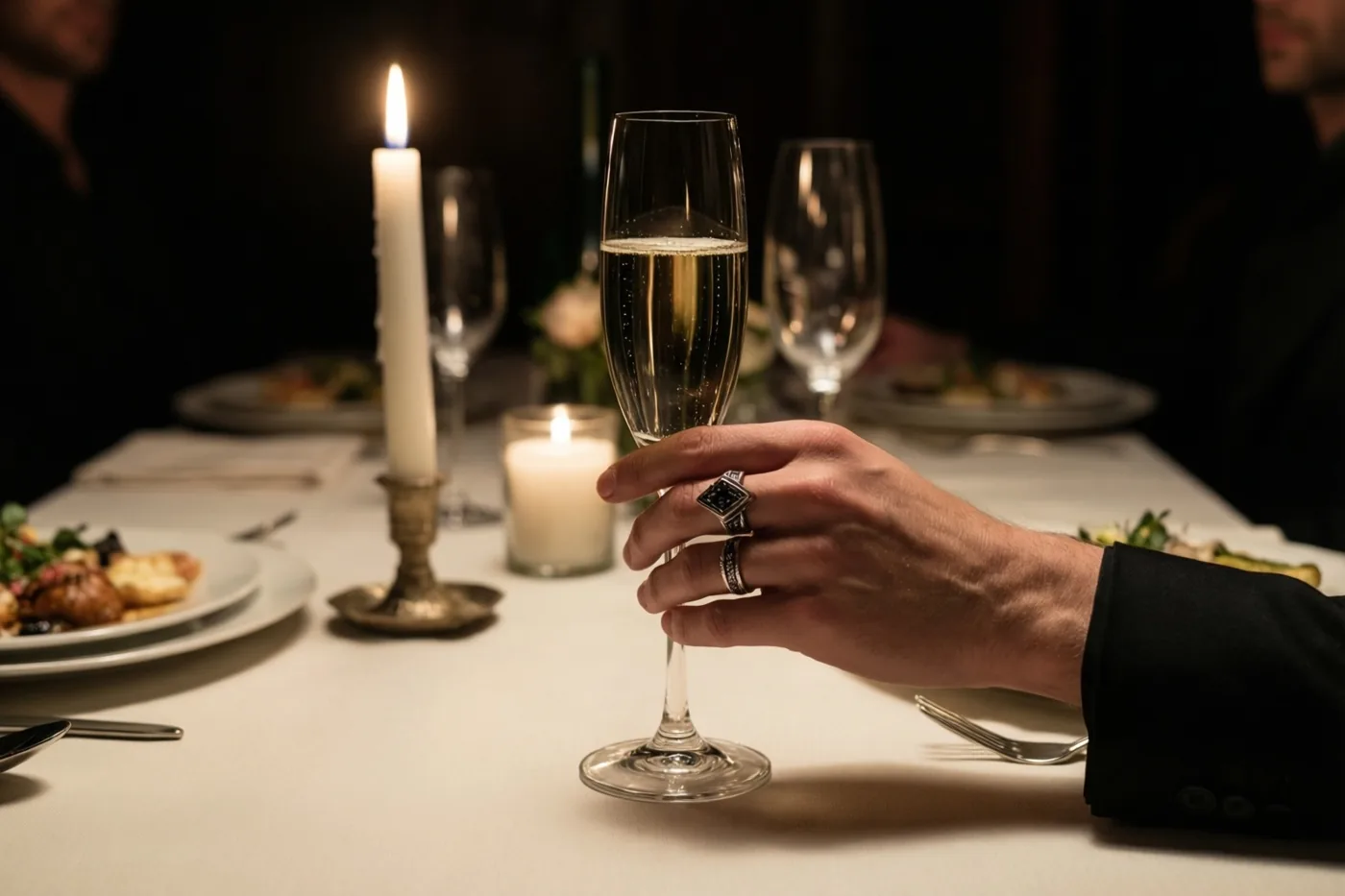 Een hand met een ring met één steen houdt een champagneglas boven een feestelijk gedekte eettafel met borden eten en brandende kaarsen.
