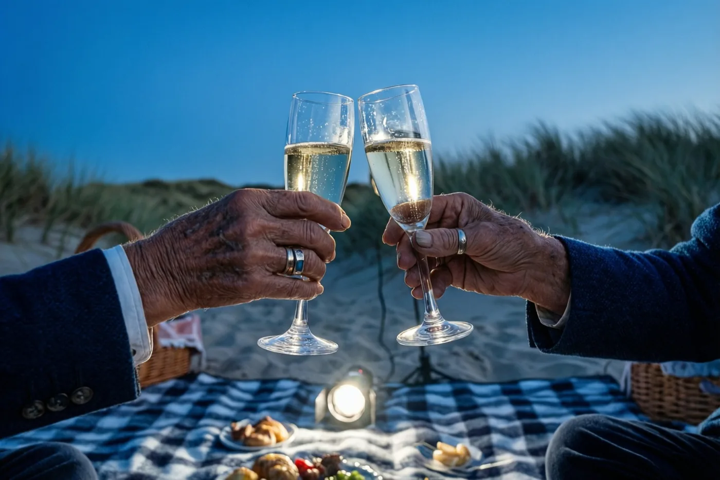 Twee oudere handen met trouwringen klinken met champagneglazen boven een geruit picknickdeken in de duinen, in blauwe en gouden tinten.