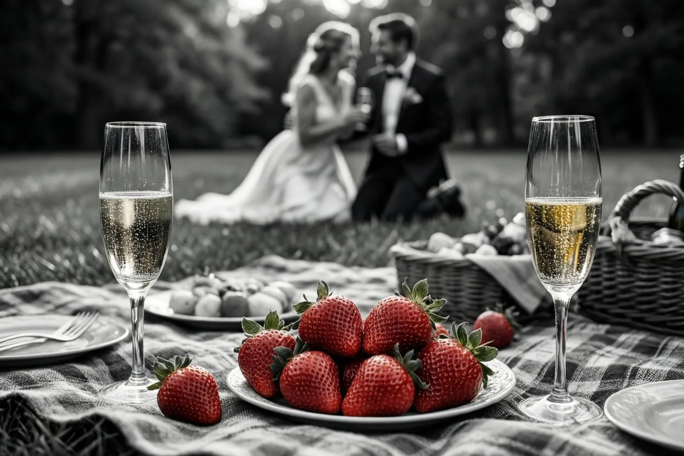 Twee champagneglazen en een bord aardbeien staan in kleur op de voorgrond van een picknicktafereel, met een bruid en bruidegom in zwart-wit op de achtergrond van wie er één op het gras knielt.