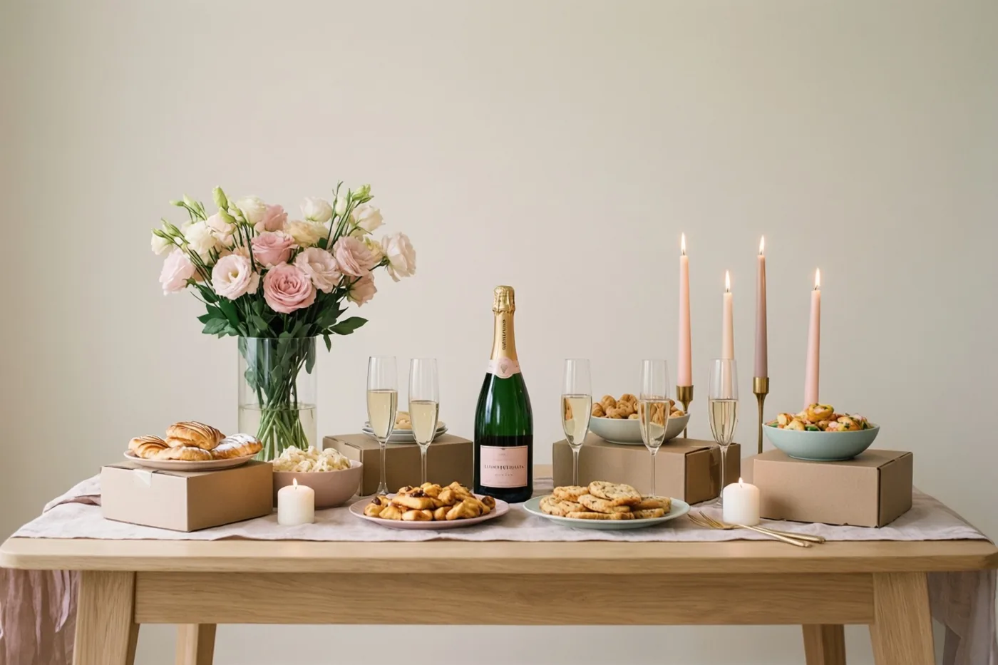 Een houten tafel is gedekt met champagne, glazen en gebak, met brandende kaarsen op kartonnen dozen en een vaas roze en witte bloemen.