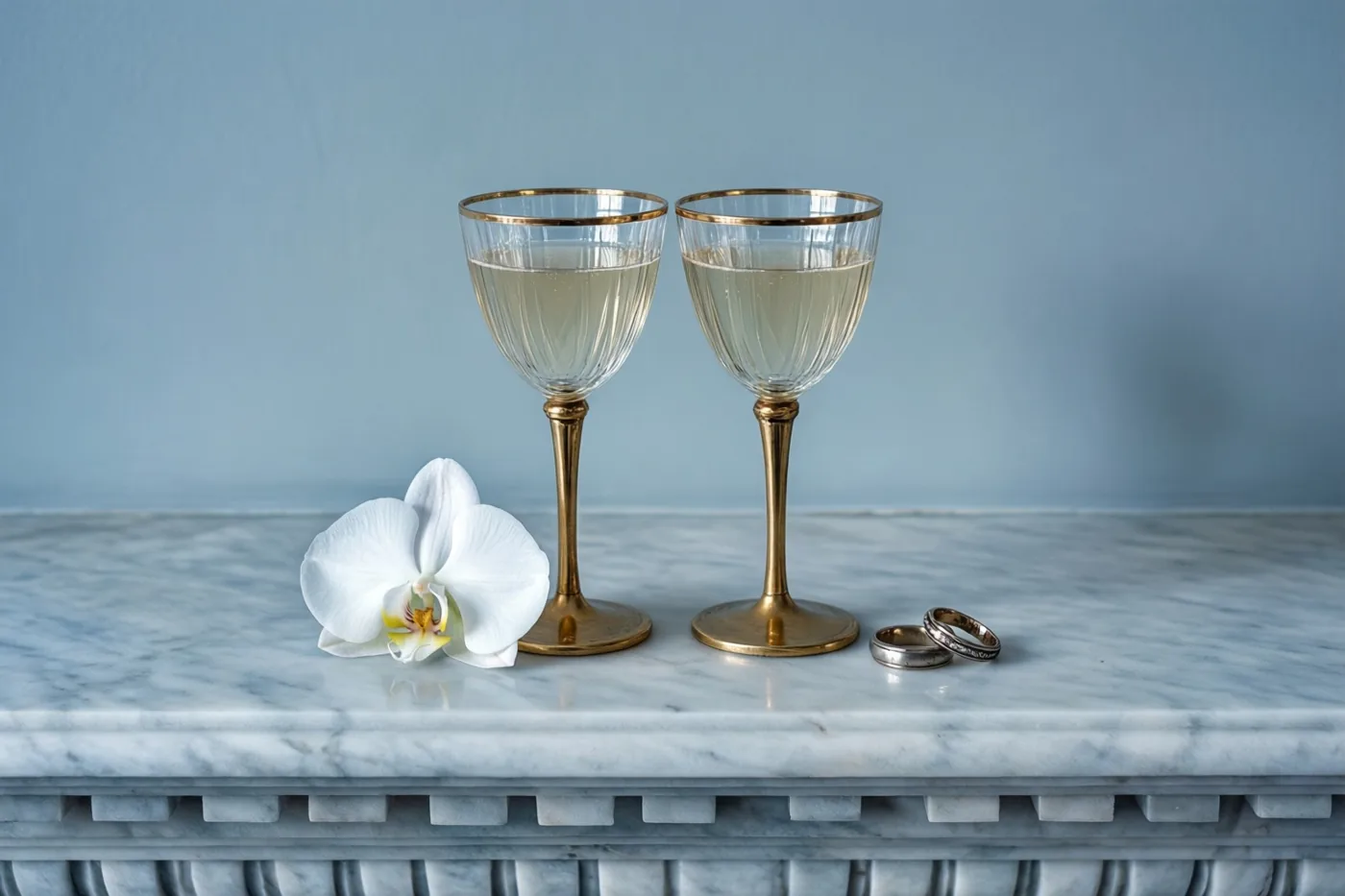 Twee met champagne gevulde coupes met gouden rand staan naast een witte orchidee en twee trouwringen op een marmeren schouw tegen een zachtblauwe muur.