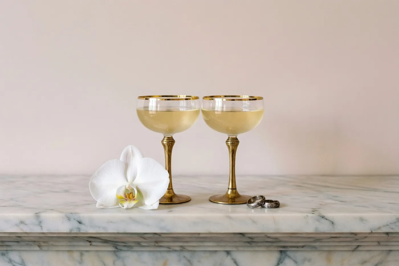 Twee met champagne gevulde coupes met gouden rand staan met een witte orchidee en twee trouwringen op een witmarmeren schouw tegen een zachtroze muur.