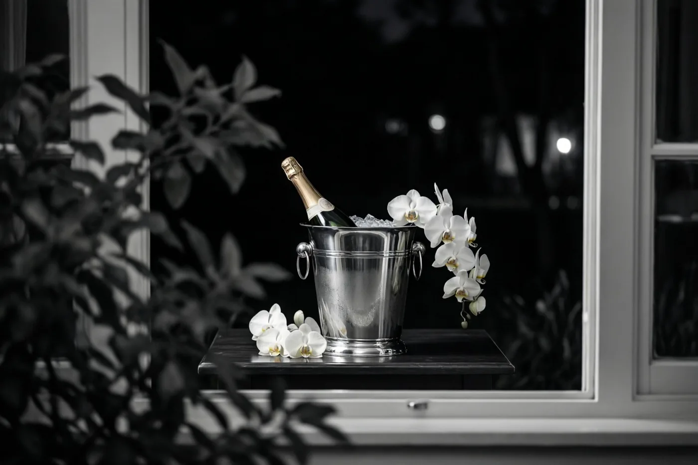 Door een raam is bij nacht een zilveren ijsemmer met een champagnefles en witte orchideeën op een donkere tafel te zien, weergegeven in zwart-wit.