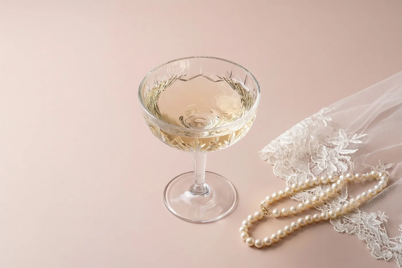 Een kristallen glas champagne staat naast een parelsnoer en een witte kanten sluier op een zachtroze ondergrond.