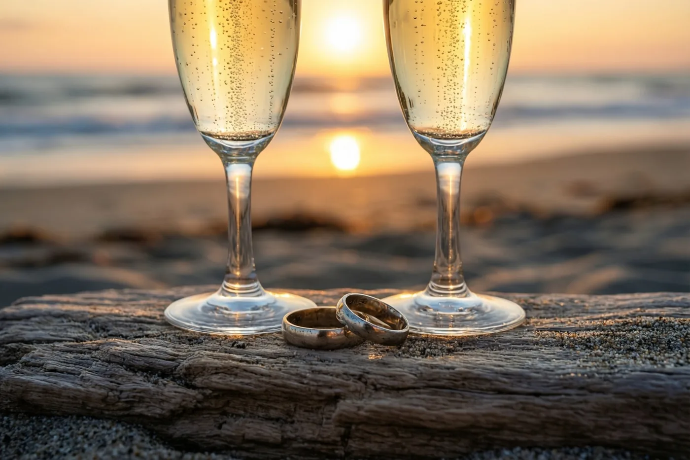 Twee champagneglazen en twee trouwringen bevinden zich op een verweerde plank drijfhout op het strand, met de zon die in warm goudkleurig licht boven de zee ondergaat.