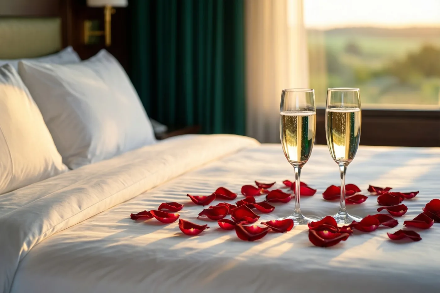 Twee glazen champagne staan tussen rode rozenblaadjes op een bed met wit bedlinnen in een hotelkamer met groene gordijnen en uitzicht op een nevelig landschap in zacht goudkleurig licht.