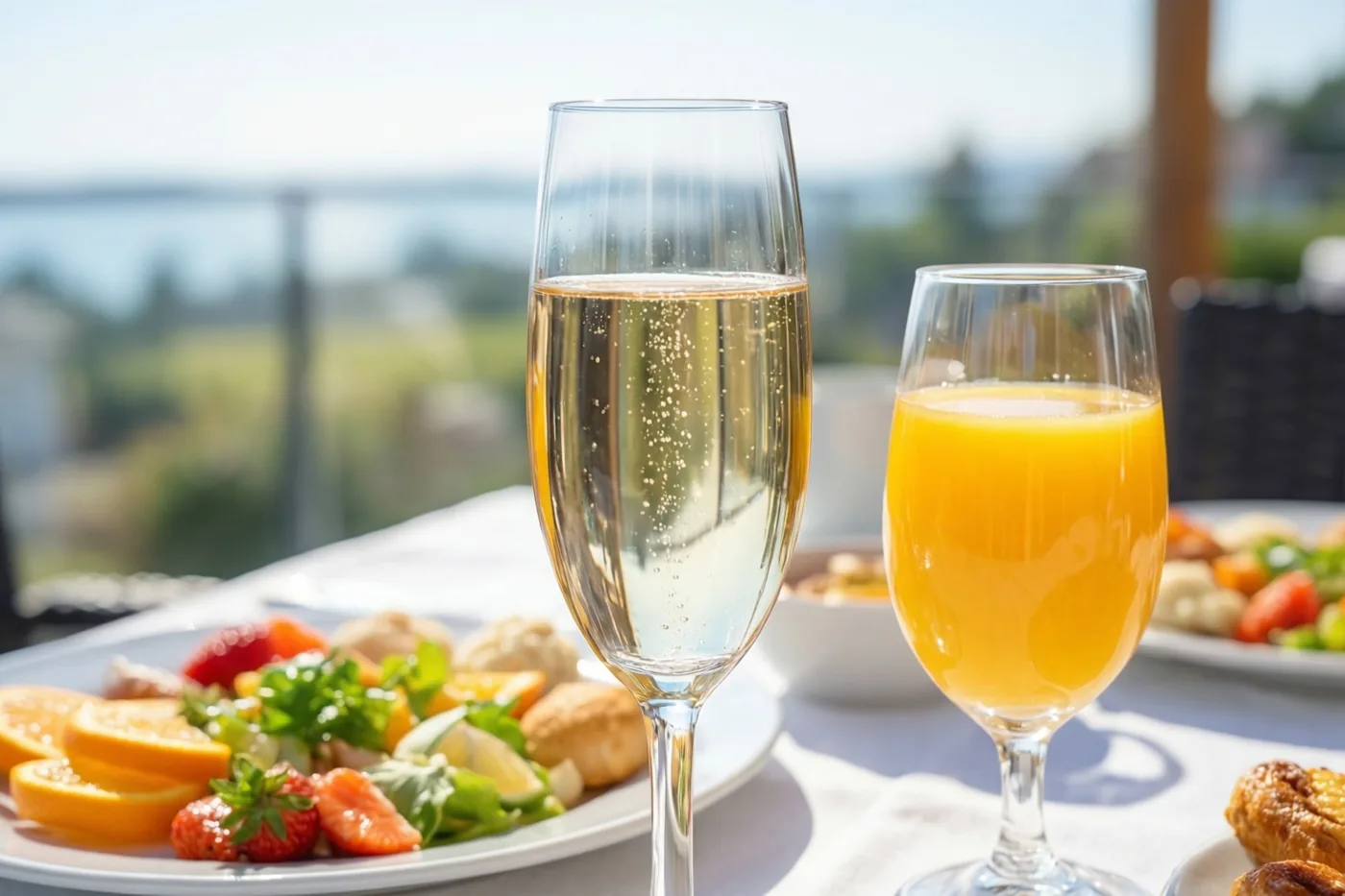 Een champagnefluit en een glas sinaasappelsap staan op een wit tafellaken op een zonnig ontbijtterras, met onscherp groen en water op de achtergrond.